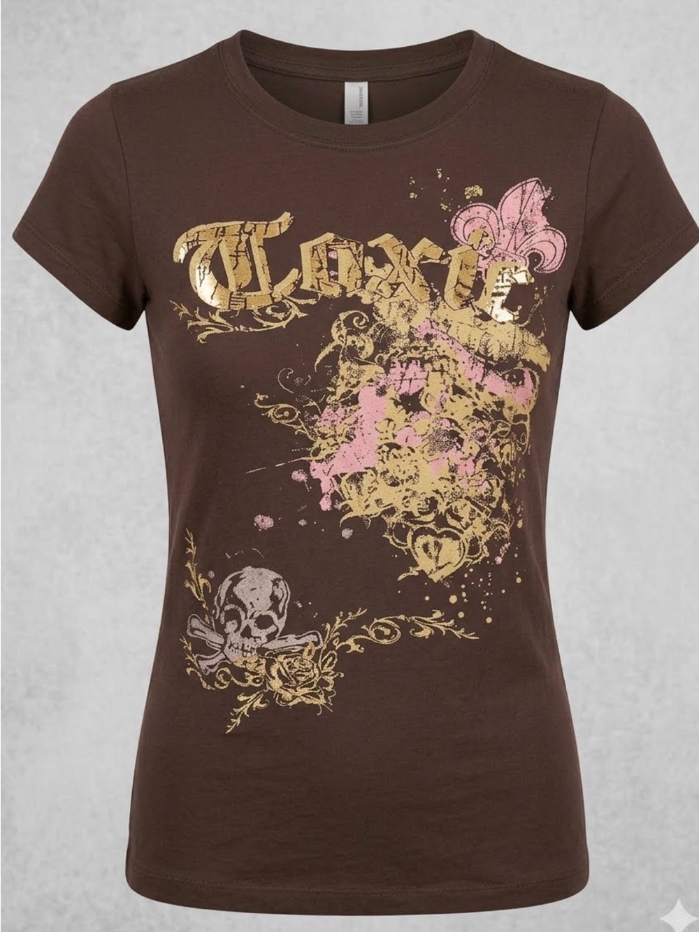 Vintage Havana TOXIC Women’s Brown Graphic Tee with Pink & Gold Print